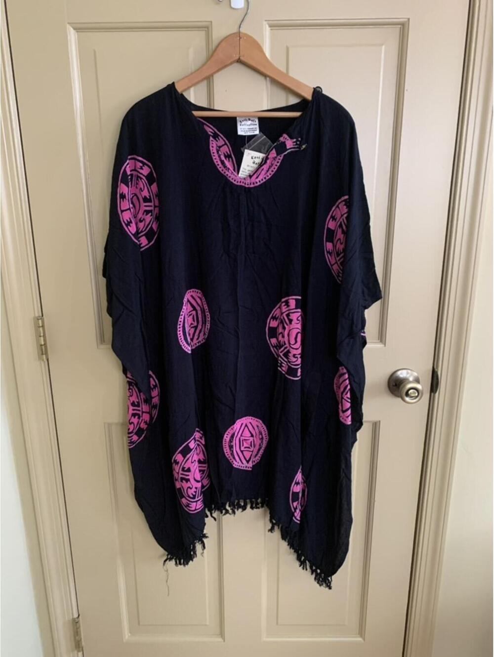 NWT Vintage Batik Poncho Swim Cover Up Black and Pink Oversized